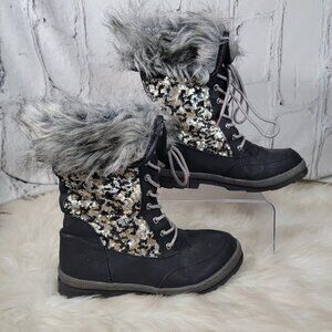 Justice‎ Womens Sz 9 Sequin Snow Boots Faux Fur Vegan Winter Black Casual